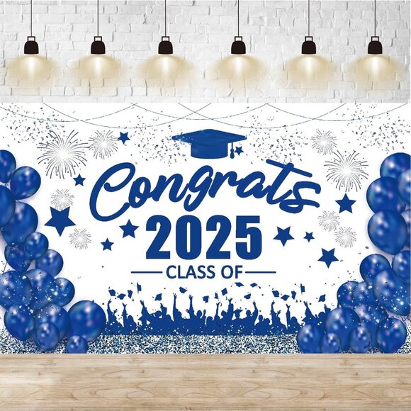 Congrats Class of 2025 Banner Blue White Graduation Decorations - Picture 1 of 2